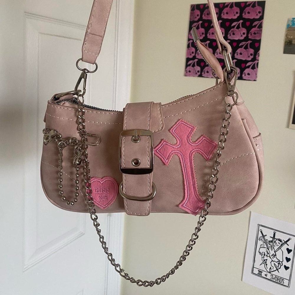 Trendy Pink Shoulder Bag with Chain and Cross Accent